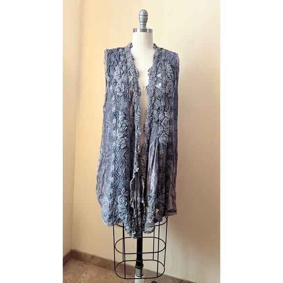 VTG Chorisia Italy Lace Women's Vest Gray Velvet Crochet Boho Duster Size S/M - Picture 2 of 9